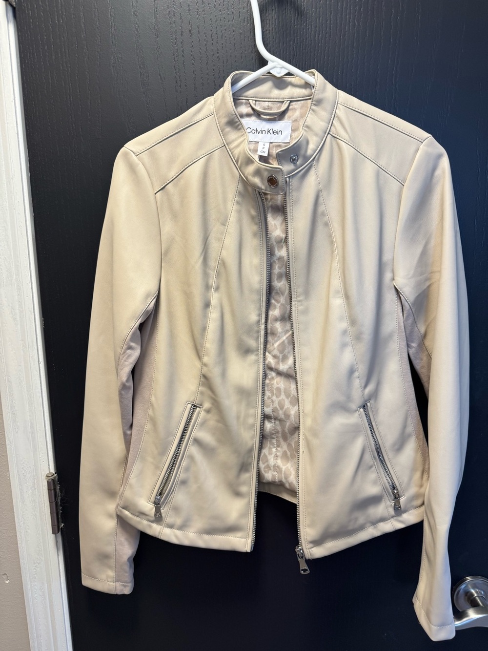 Calvin Klein Women's Light Cream Leather Moto Jacket